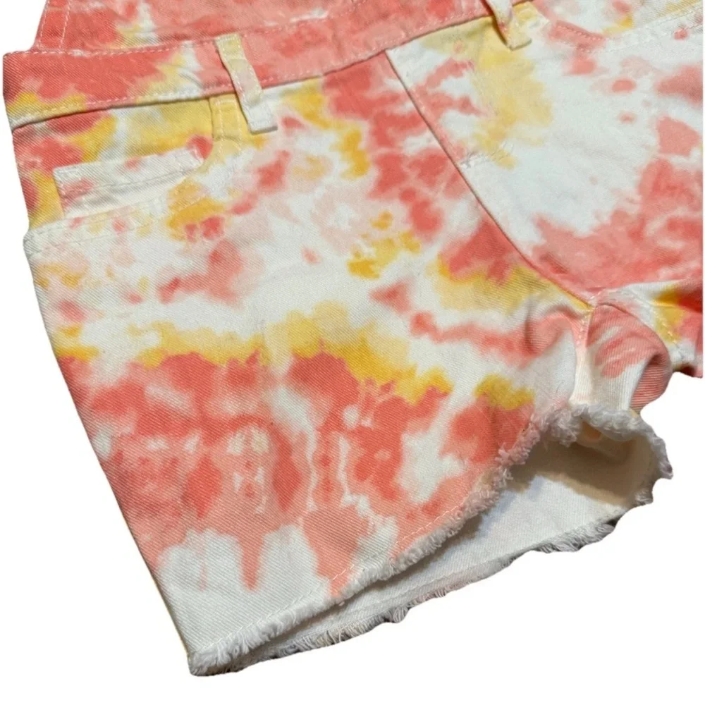 The Children's Place Girls Tie Dye Overall Shorts Size 5 Orange Pink White Denim